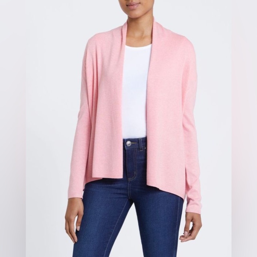 Eileen Fisher Silk Nylon Knit Open Front Cardigan in Light Pink, size M